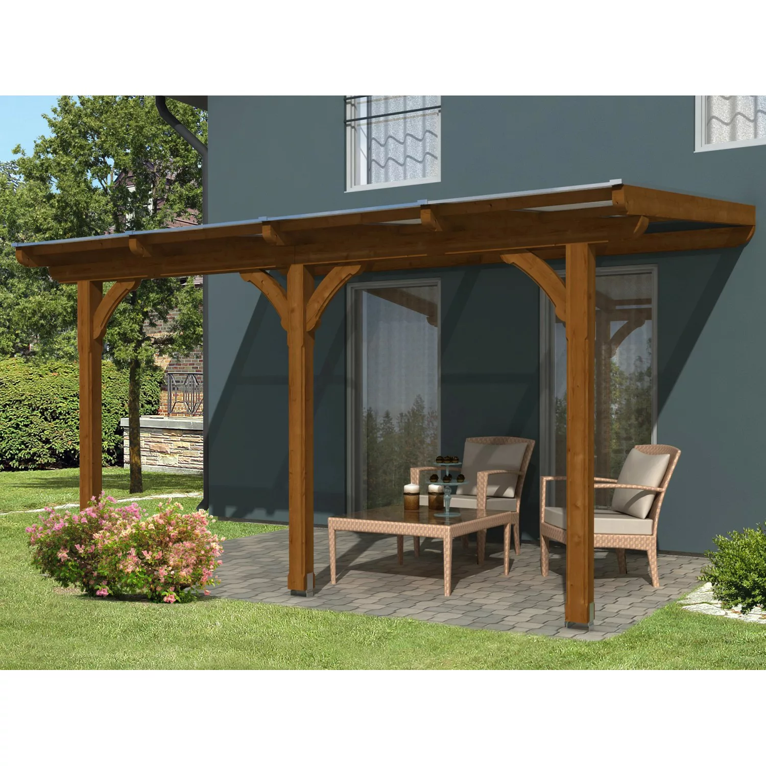 Skan Holz Terrassenüberdachung Rimini 434 x 300 cm Douglasie Nussbaum günstig online kaufen
