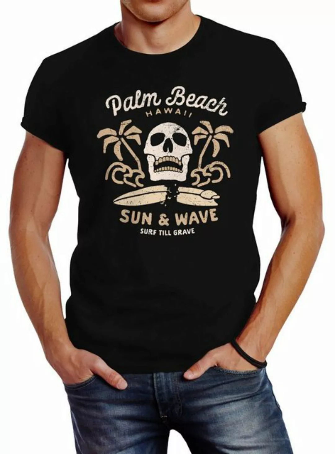 Neverless Print-Shirt Herren T-Shirt Surf-Motiv Totenkopf Palm Beach mit Pr günstig online kaufen