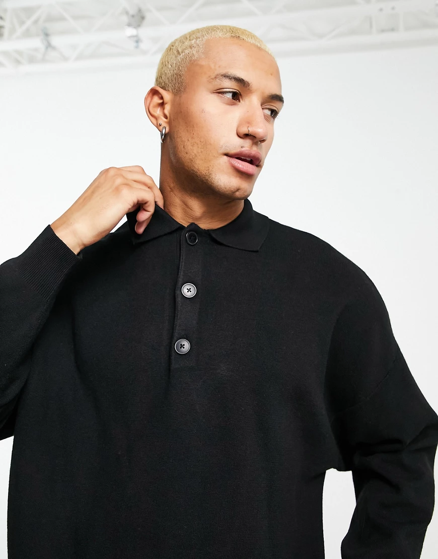 Bershka – Gestricktes Oversize-Poloshirt in Schwarz günstig online kaufen