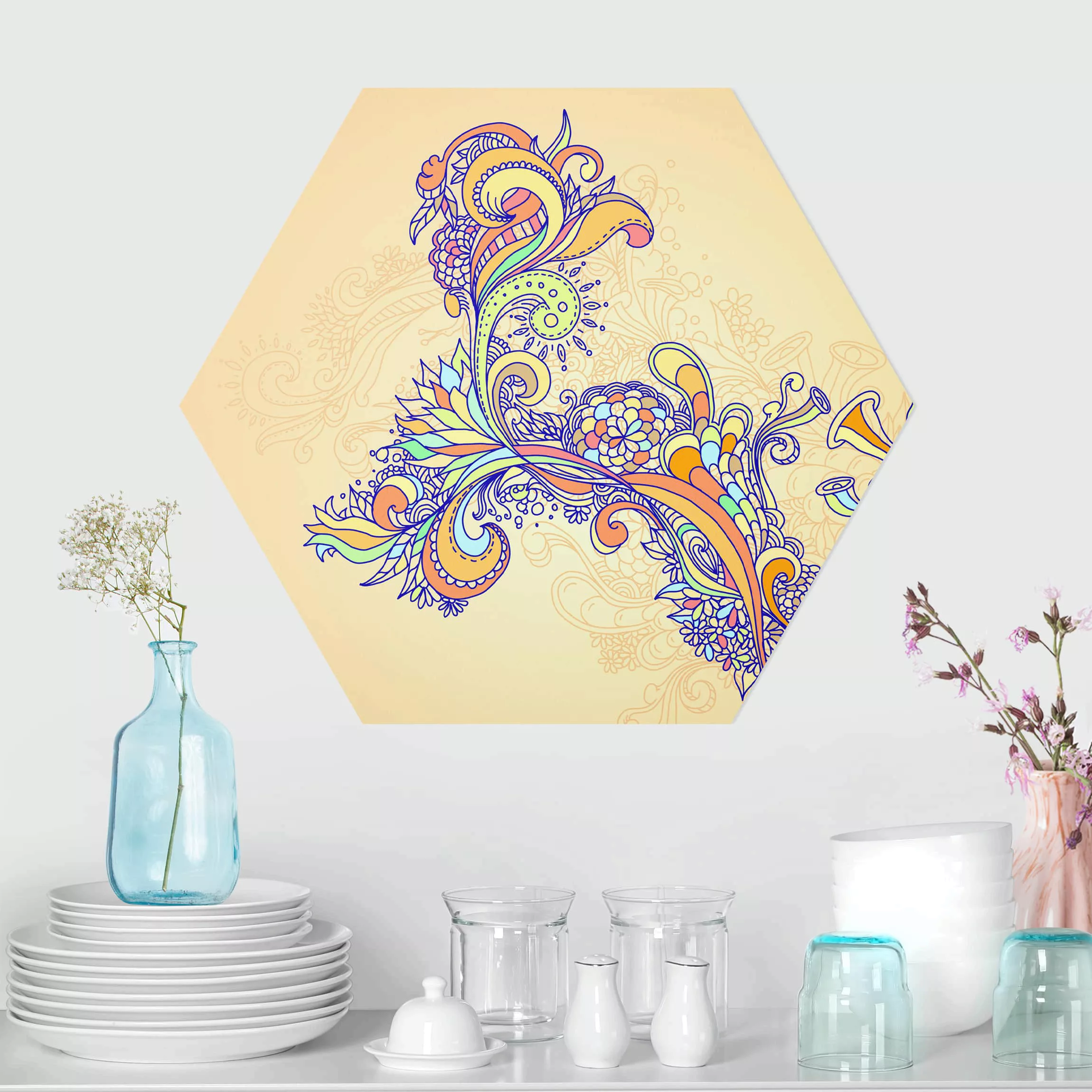 Hexagon-Alu-Dibond Bild Kunstdruck Sommerillustration günstig online kaufen