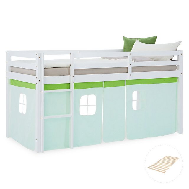 Homestyle4u Hochbett 90x200 Kinderbett Weiß Vorhang Grün Mint Kinder Kiefer günstig online kaufen