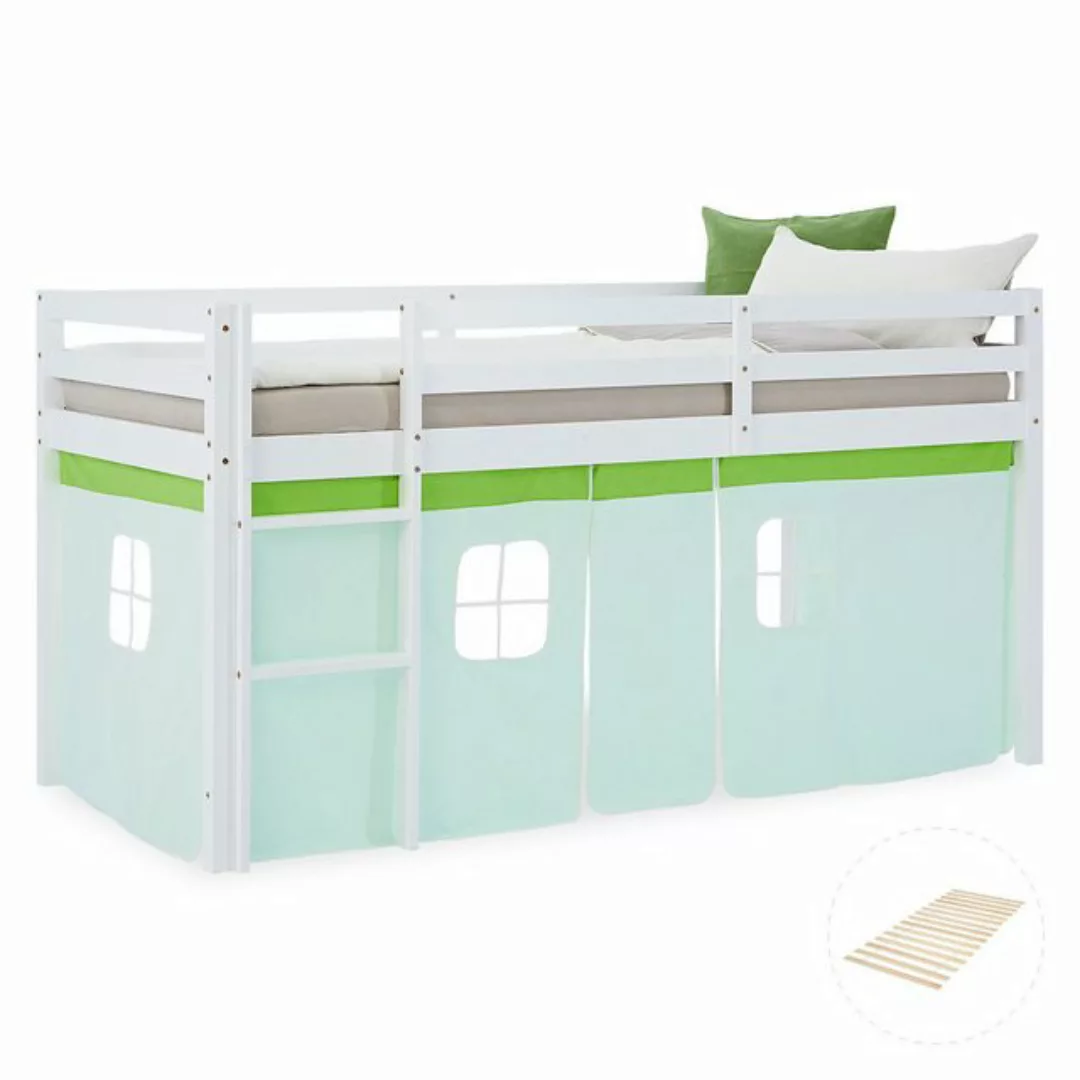 Homestyle4u Hochbett 90x200 Kinderbett Weiß Vorhang Grün Mint 1 Kind Kiefer günstig online kaufen