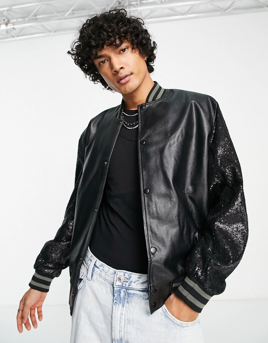 ASOS DESIGN – Party-Bomberjacke aus Kunstleder in Schwarz mit Paillettendet günstig online kaufen