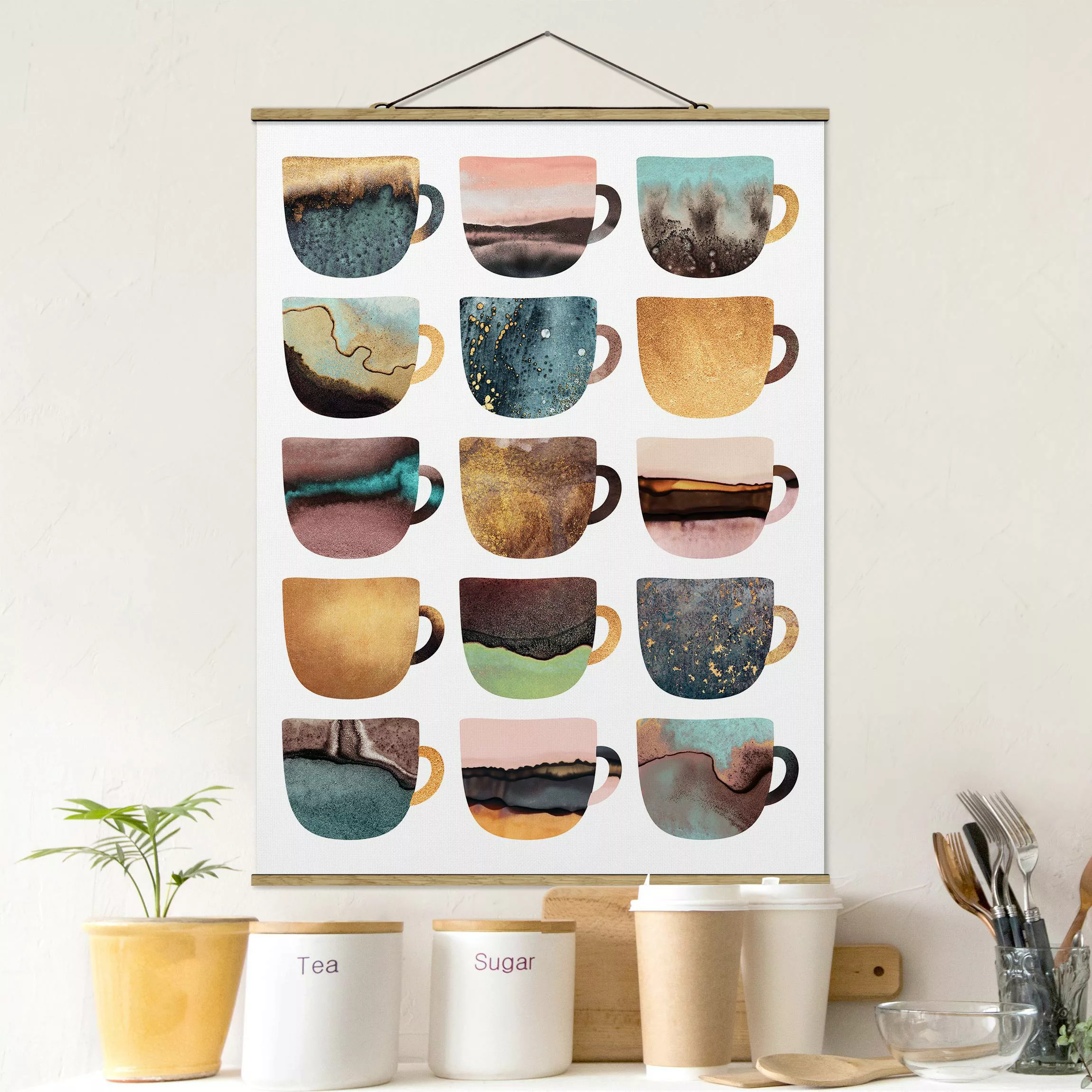 Stoffbild Kunstdruck mit Posterleisten - Hochformat Bunte Kaffeetassen mit günstig online kaufen