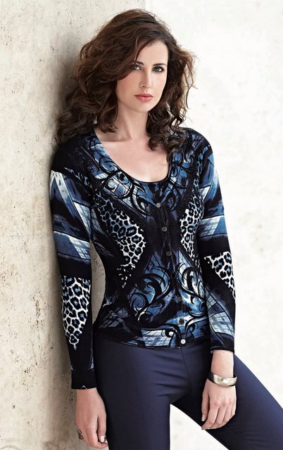 Passioni Cardigan Twinset in blau-schwarzem Tier- und malerischem Mustermix günstig online kaufen