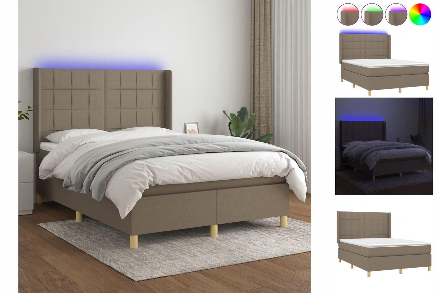 vidaXL Bettgestell Boxspringbett mit Matratze LED Taupe 140x200 cm Stoff Be günstig online kaufen