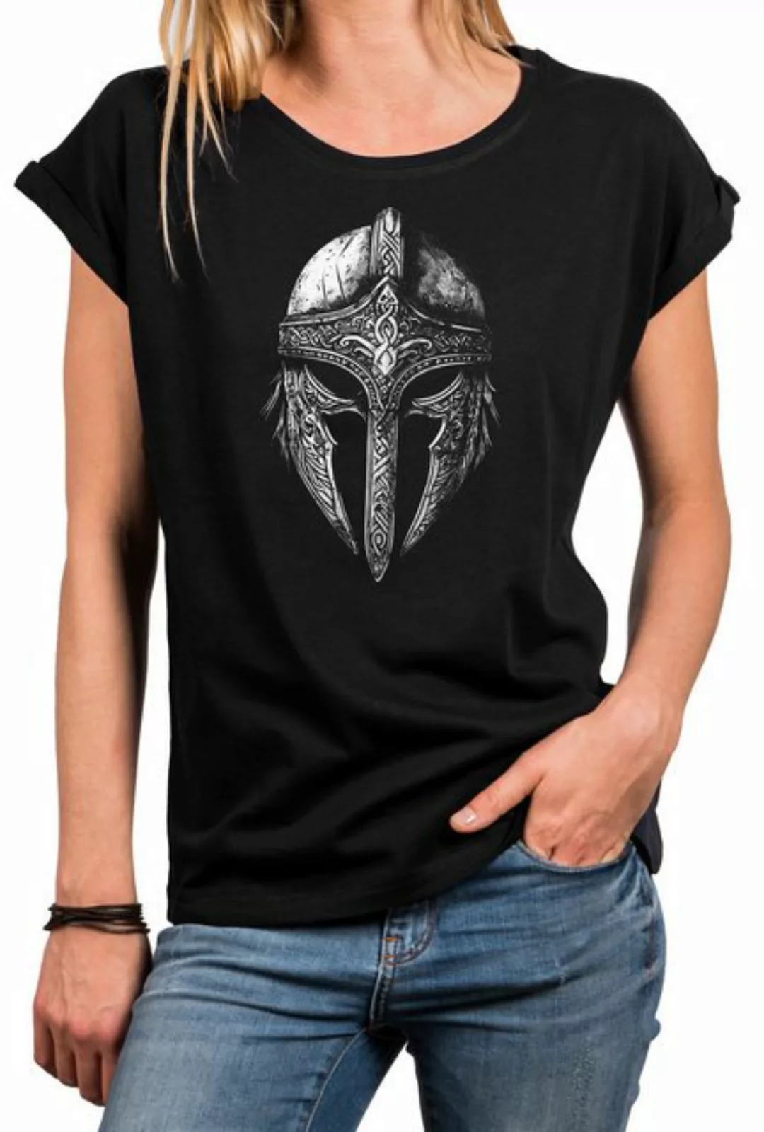 MAKAYA Print-Shirt Wikinger Helm Viking Kurzarm Top für Damen (Schwarz, Bla günstig online kaufen