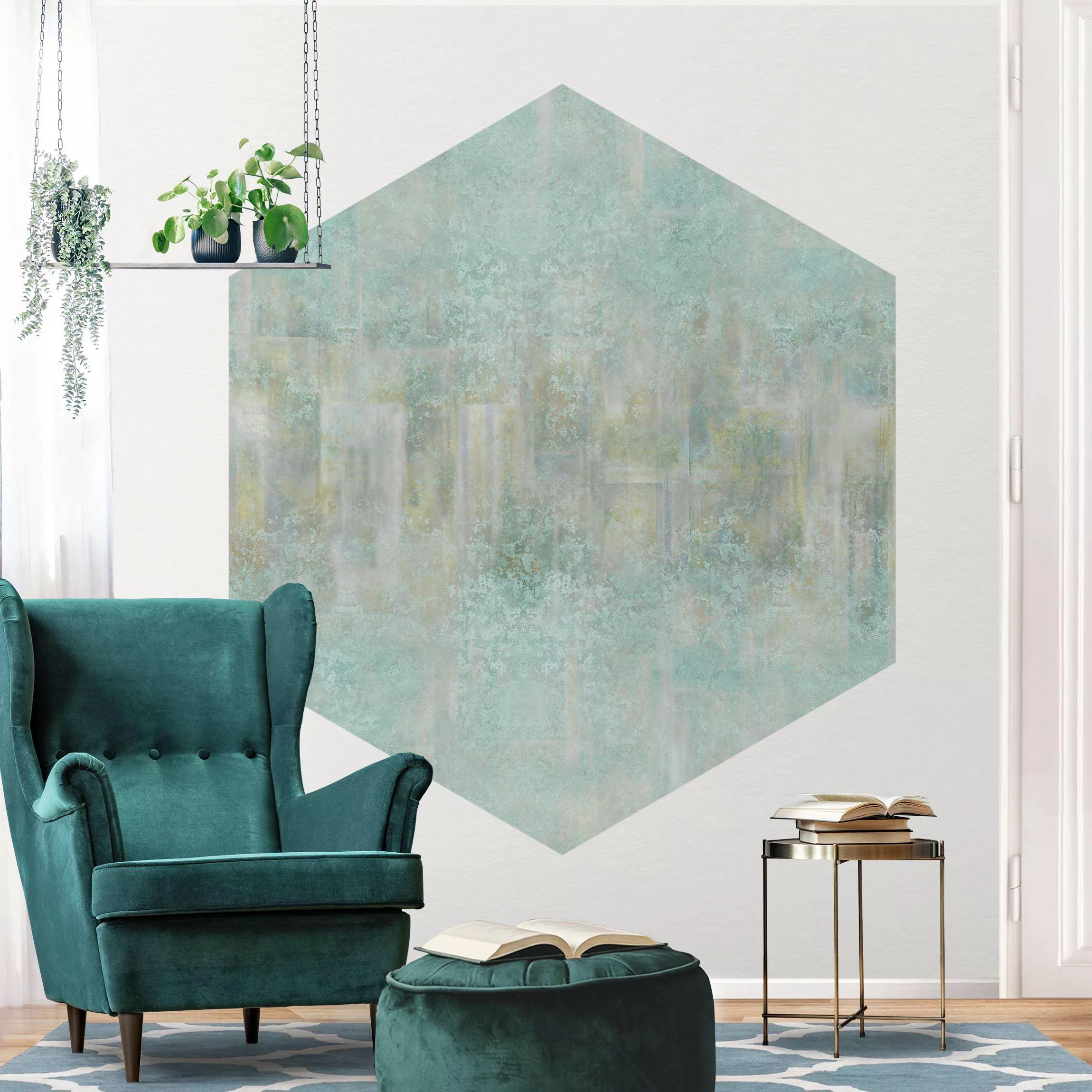 Hexagon Tapete selbstklebend Rustikales Betonmuster Mint günstig online kaufen