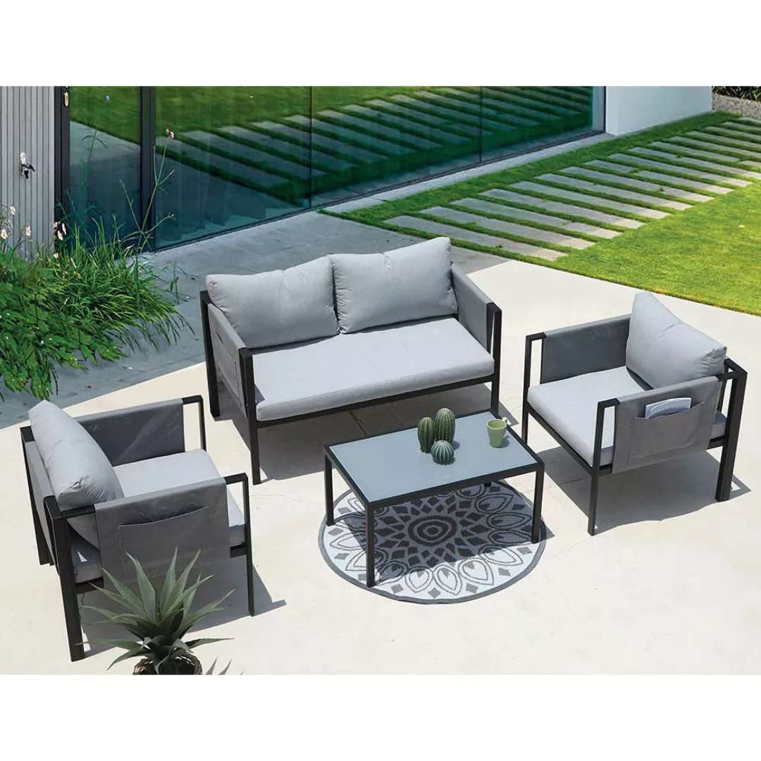 Terrassensitzgruppe modern mit vier Sitzplätzen Grau und Schwarz (vierteili günstig online kaufen