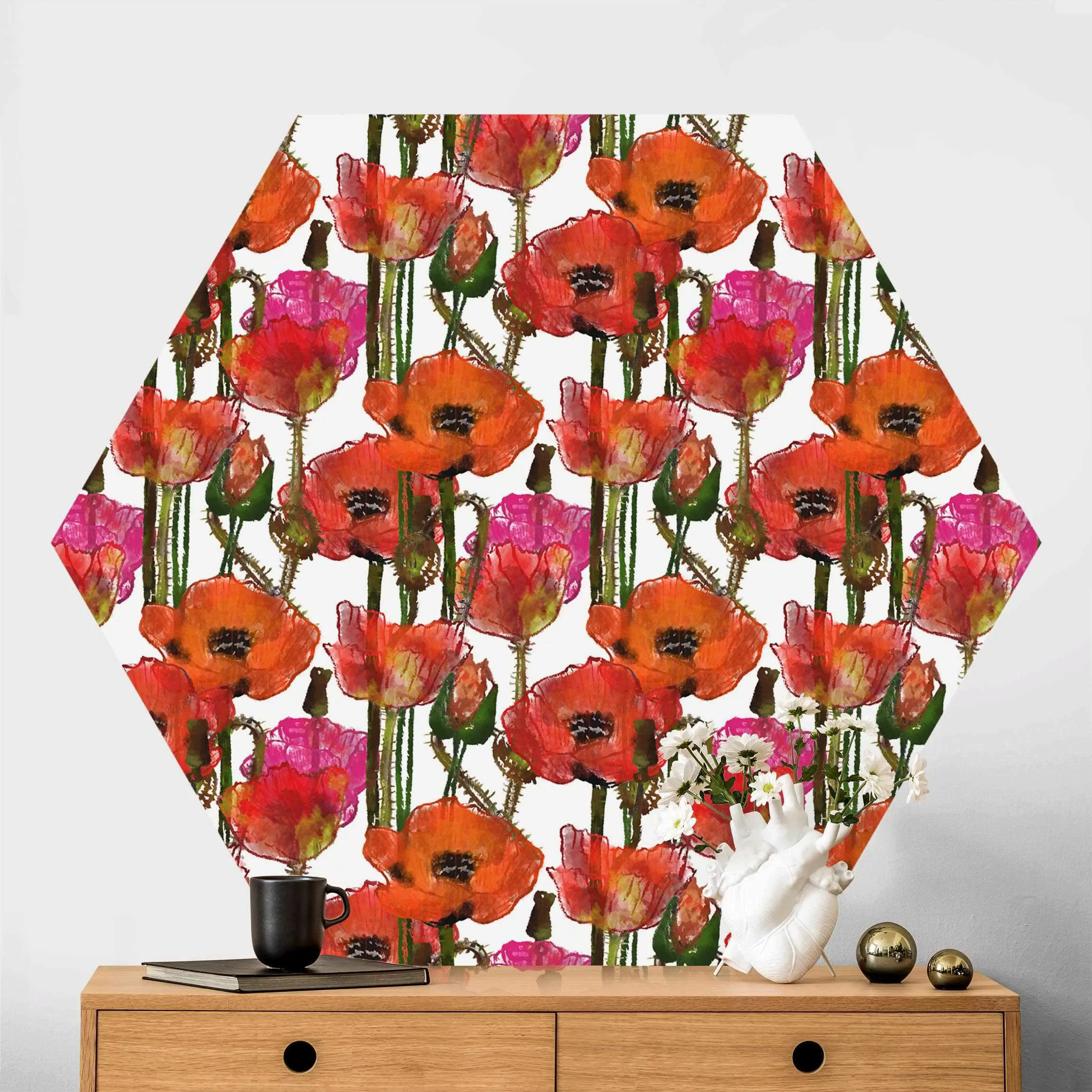 Hexagon Mustertapete selbstklebend Ein Feld voller Mohnblumen günstig online kaufen