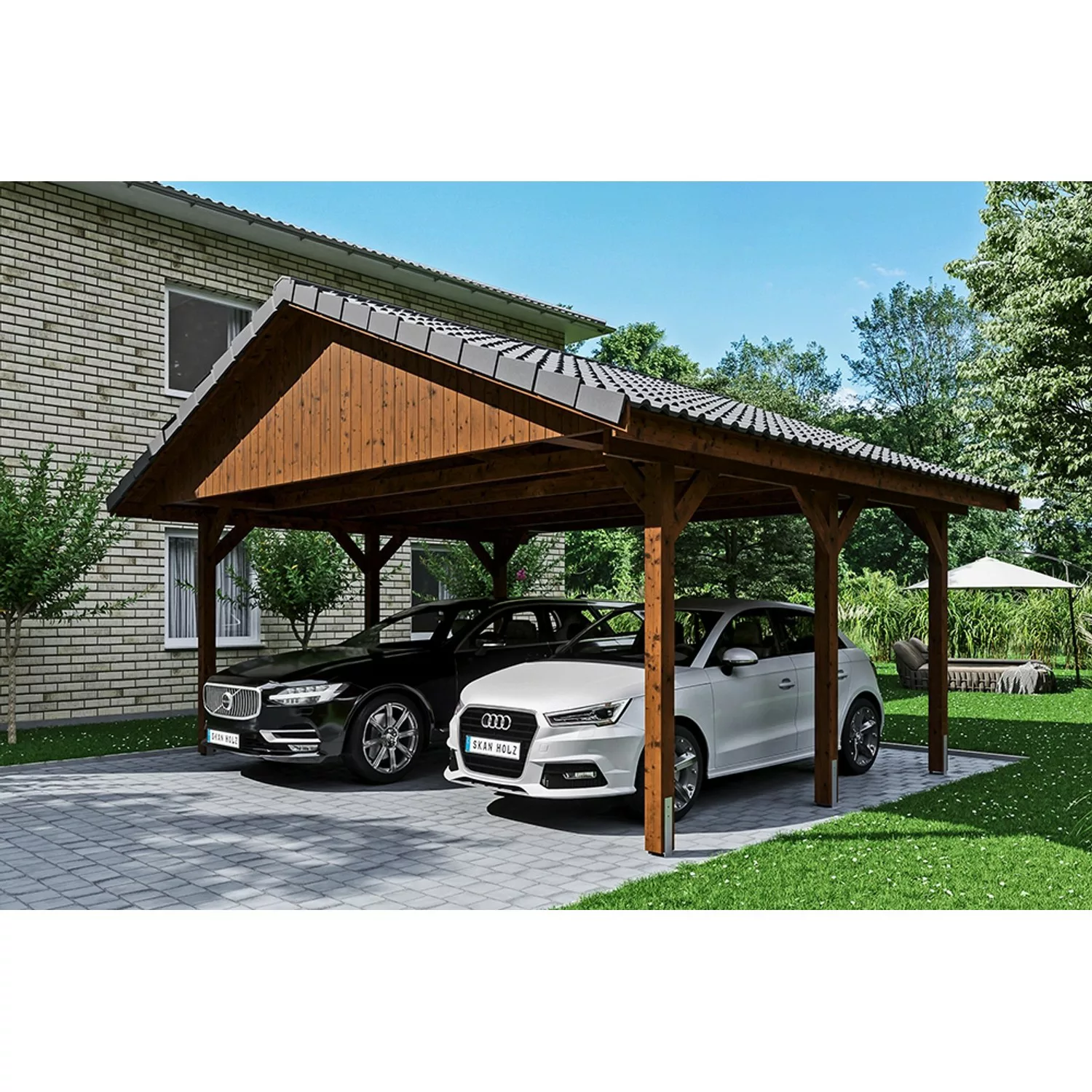 Satteldach-Carport Wallgau Nussbaum 620 x 500 cm Dachlattung günstig online kaufen