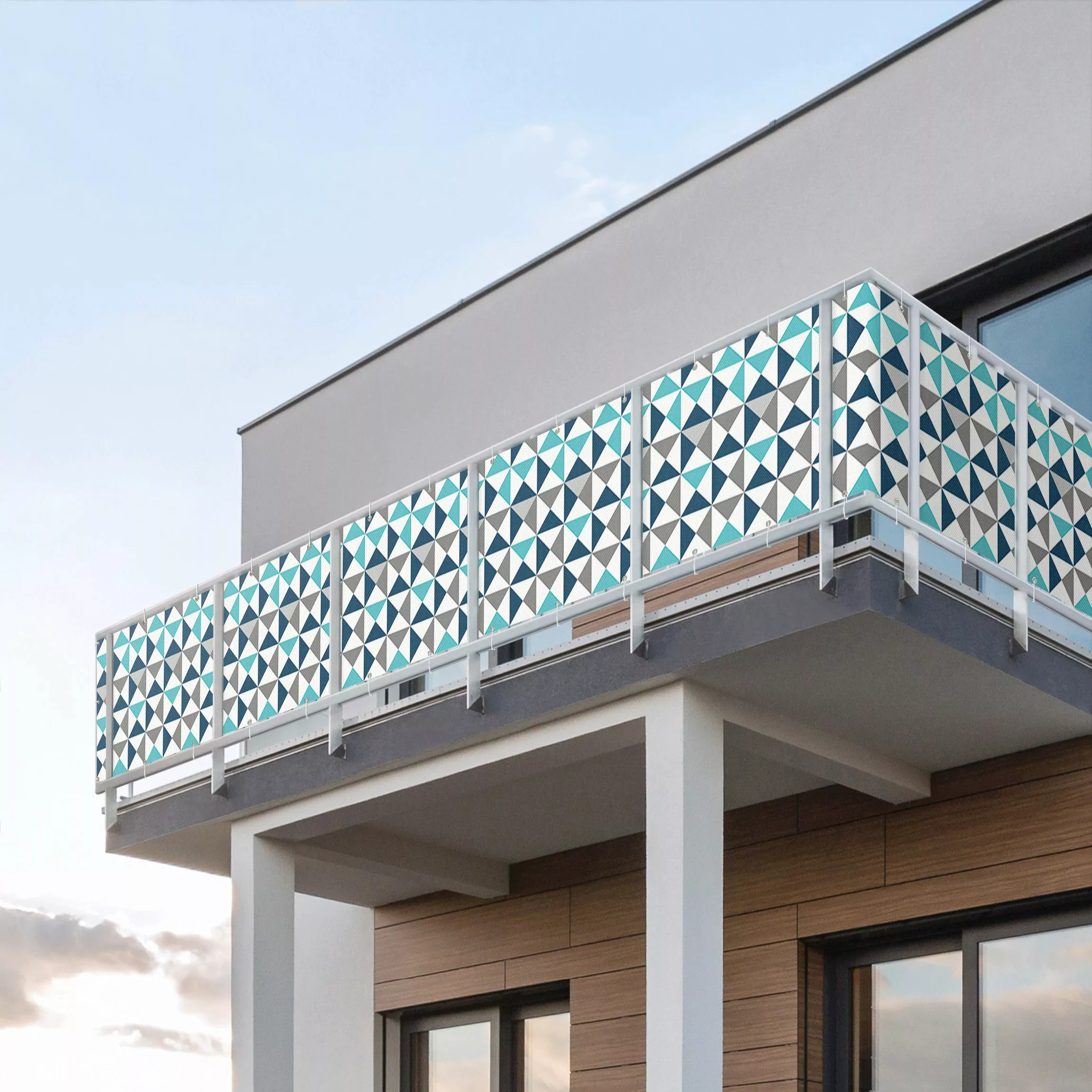 Balkon Sichtschutz Geometrisches Muster große Dreiecke in Blau günstig online kaufen