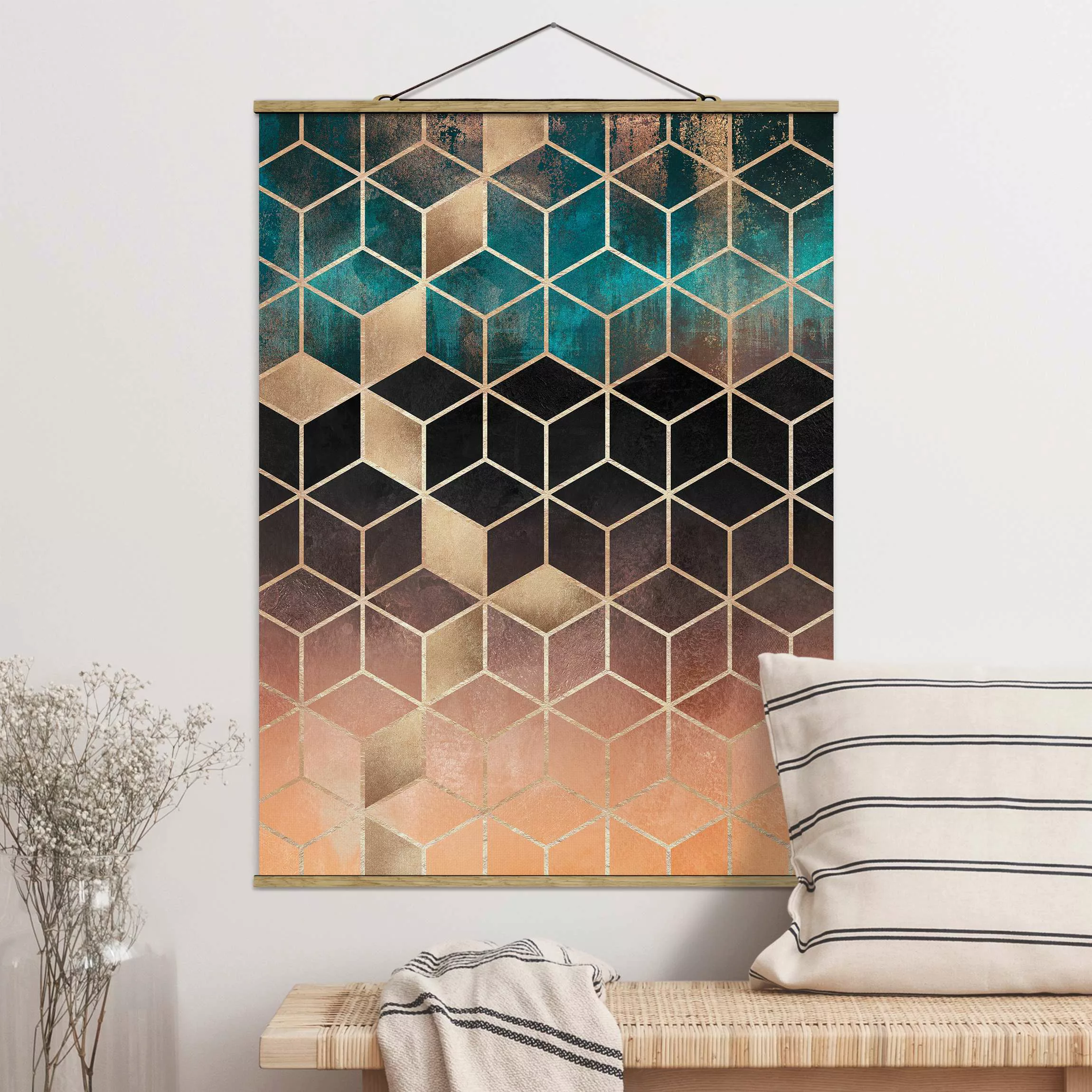 Stoffbild Abstrakt mit Posterleisten - Hochformat Türkis Rosé goldene Geome günstig online kaufen