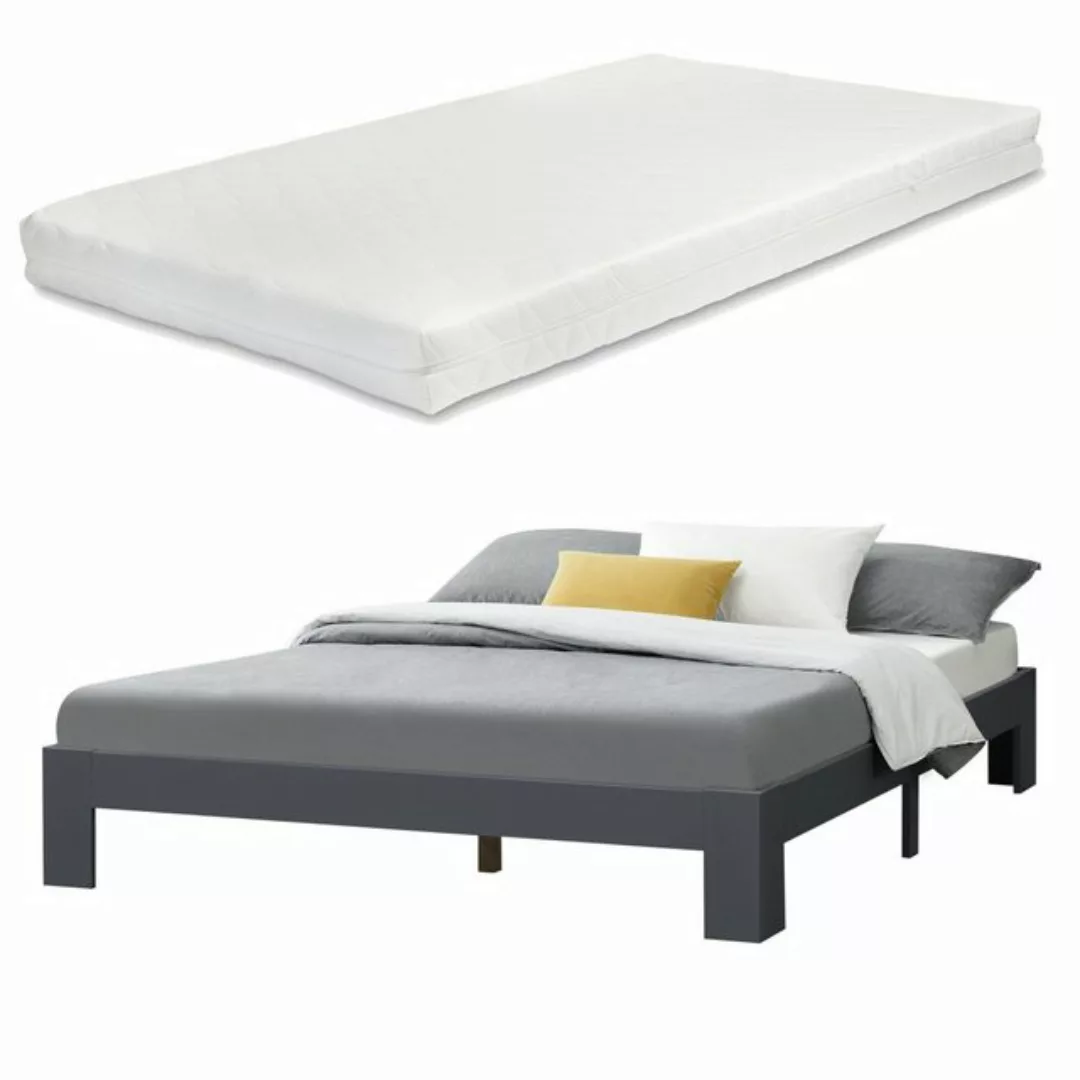 en.casa Holzbett, Raisio Doppelbett mit Matratze 140x200 cm Dunkelgrau günstig online kaufen