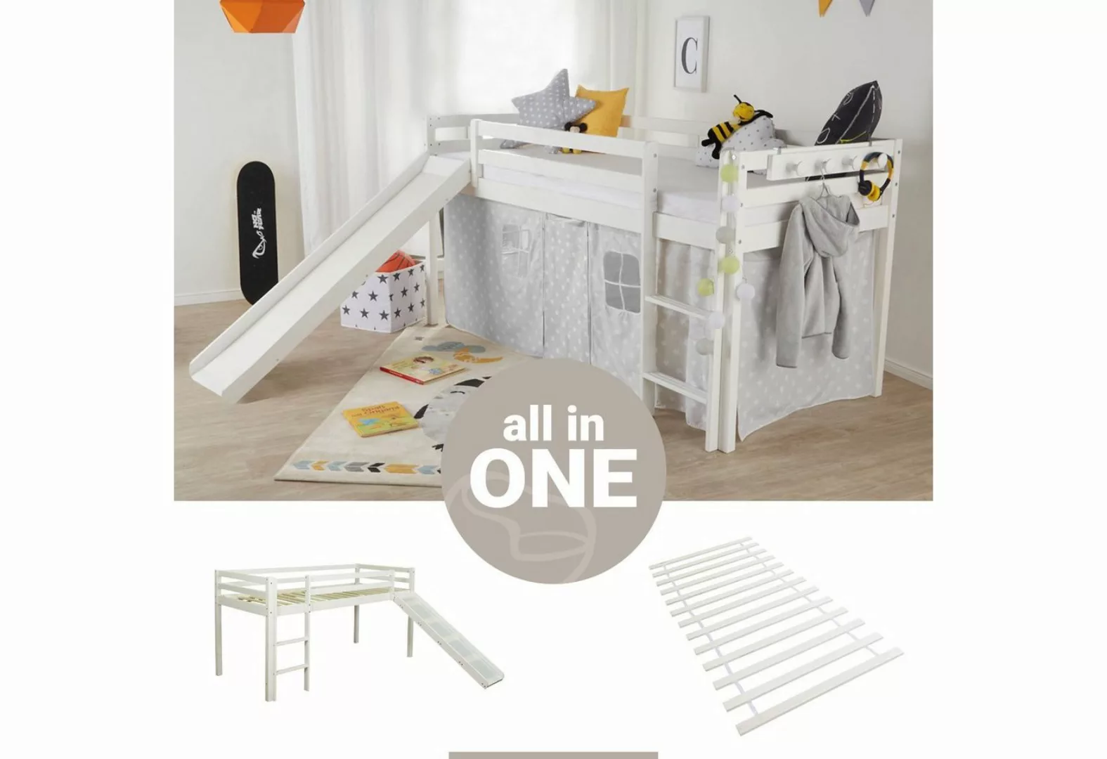 Homestyle4u Hochbett Kinderbett 90x200 Weiß oder Grau Kiefer mit Vorhang Sp günstig online kaufen