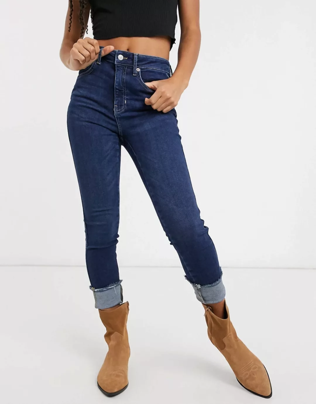 Free People – Raw – Blaue eng geschnittene Jeans mit hohem Bund günstig online kaufen
