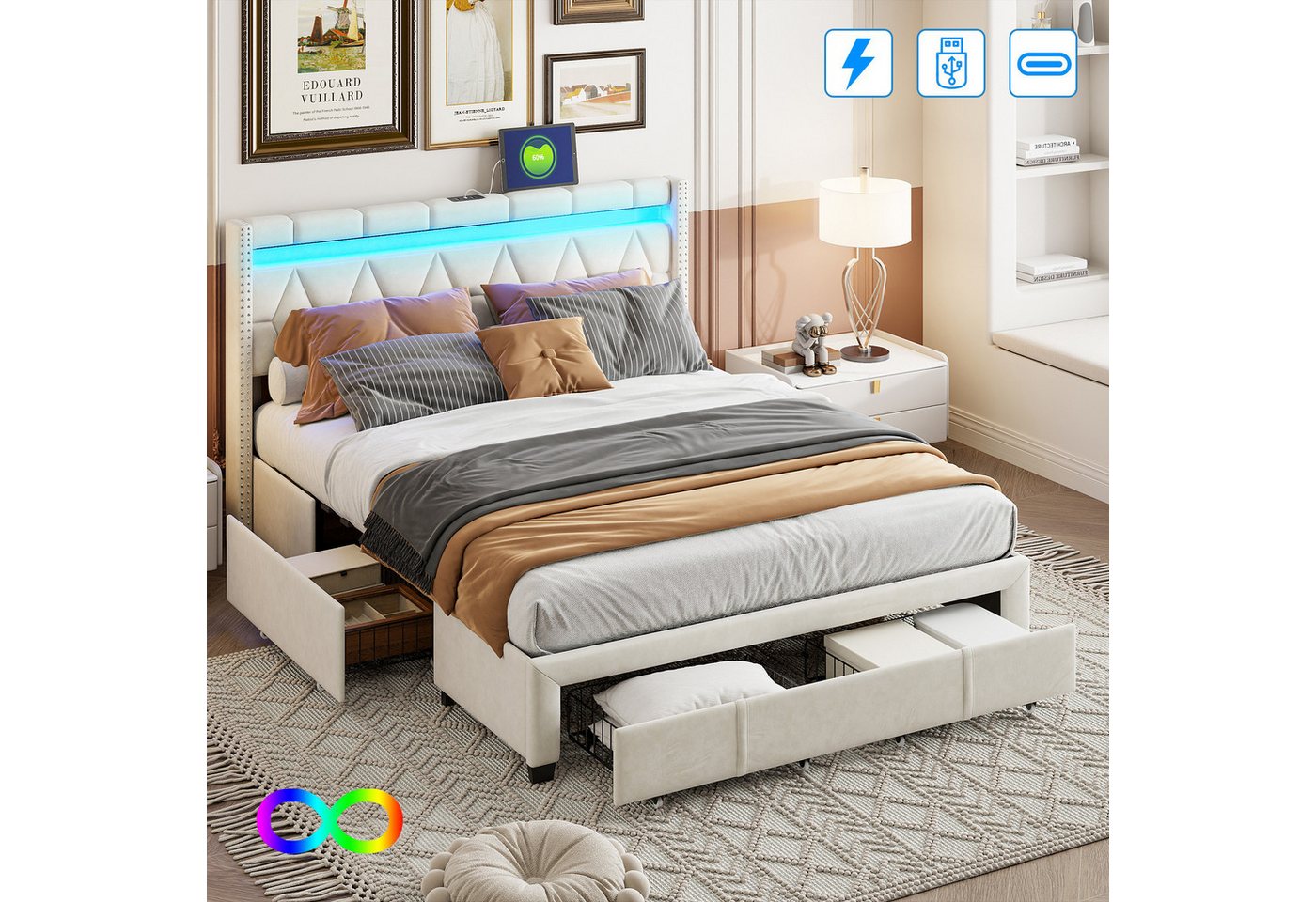 Furnishings Home Stauraumbett Polsterbett LED Doppelbett (1-tlg. Mit LED-Li günstig online kaufen