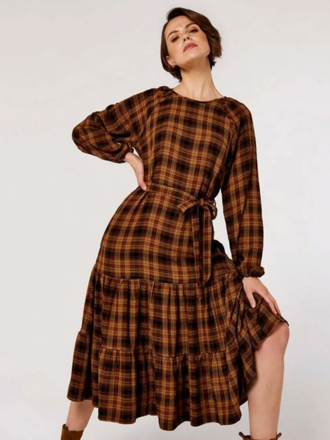 Apricot Midikleid Textured Check Ruffle Midi Dress, im Karodesign günstig online kaufen