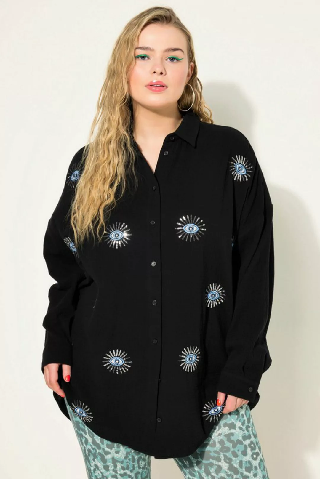 Studio Untold Hemdbluse Bluse oversized Musselin Augen-Stickerei Langarm günstig online kaufen