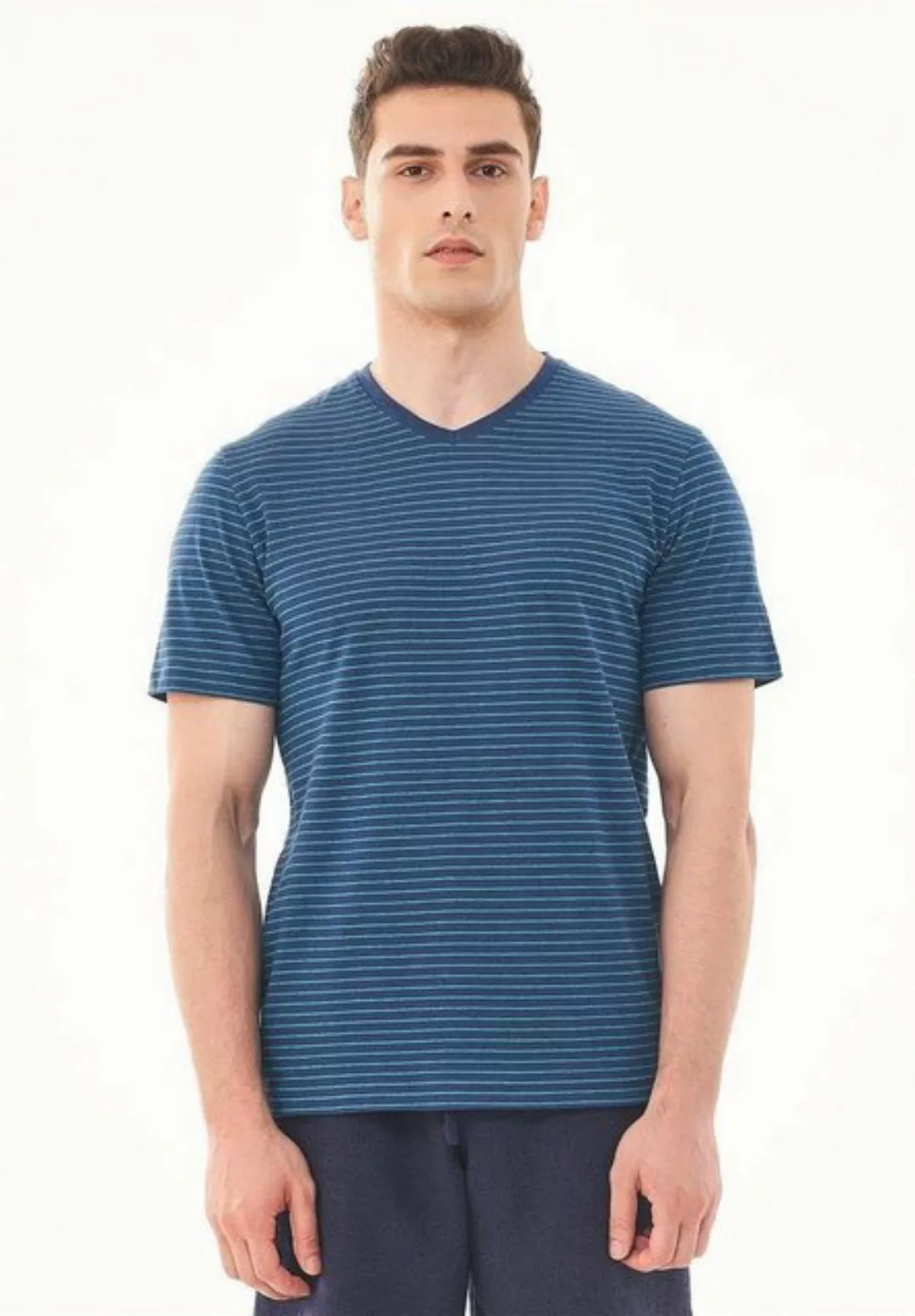 ORGANICATION T-Shirt Men's Striped V-neck T-shirt in Navy/Petrol Green günstig online kaufen