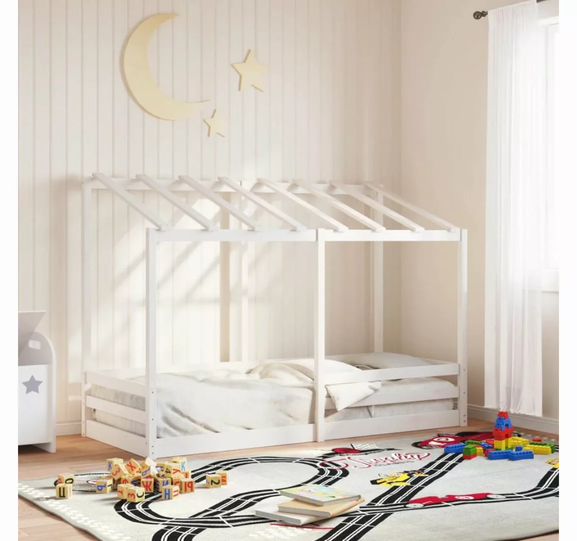 vidaXL Bett, Kinderbett mit Dach Weiß 90x190 cm Massivholz Kiefer günstig online kaufen