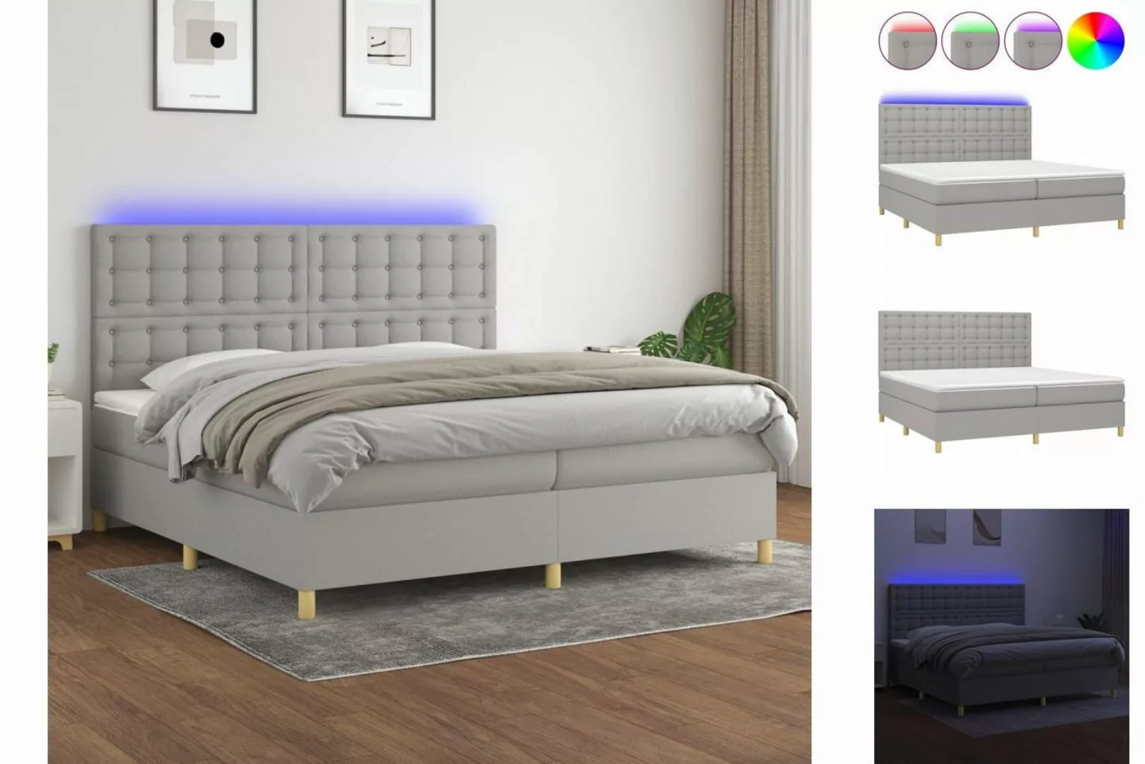 vidaXL Bettgestell Boxspringbett mit Matratze LED Hellgrau 200x200 cm Stoff günstig online kaufen