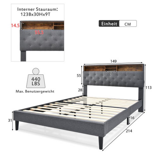 XDeer Polsterbett Polsterbett Doppelbett Stauraum-Kopfteil Bett mit LED-Bel günstig online kaufen