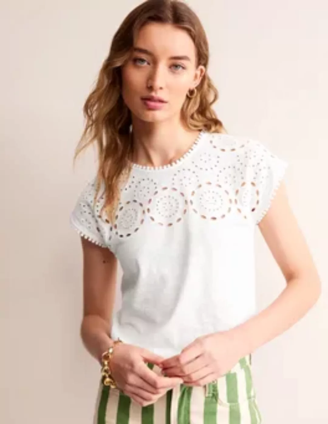 Sasha T-Shirt mit Stickerei Damen Boden, Weiß günstig online kaufen