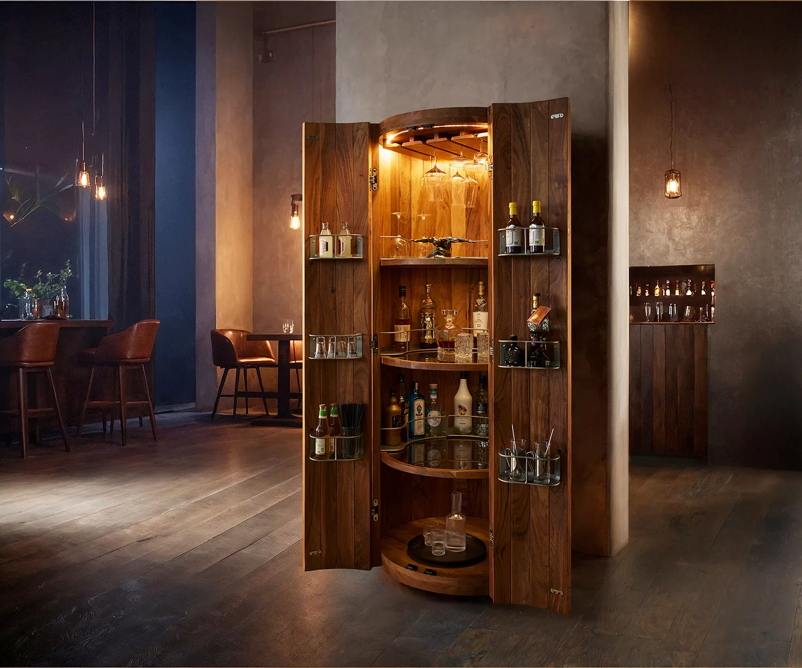 Barschrank Tulsa 80x190 cm Akazie Natur LED-Beleuchtung Weinschrank günstig online kaufen