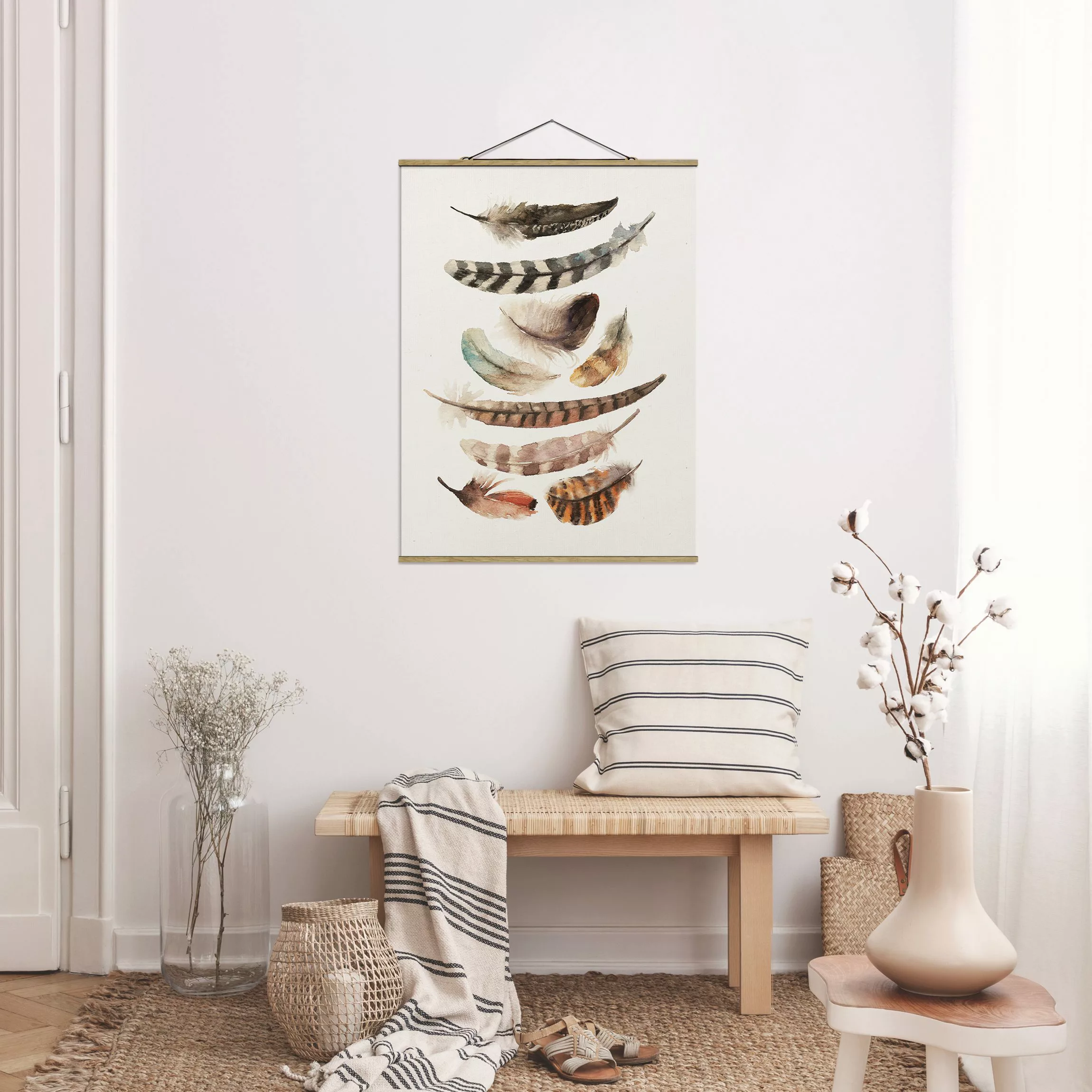 Stoffbild Aquarell mit Posterleisten - Hochformat Neun Federn günstig online kaufen