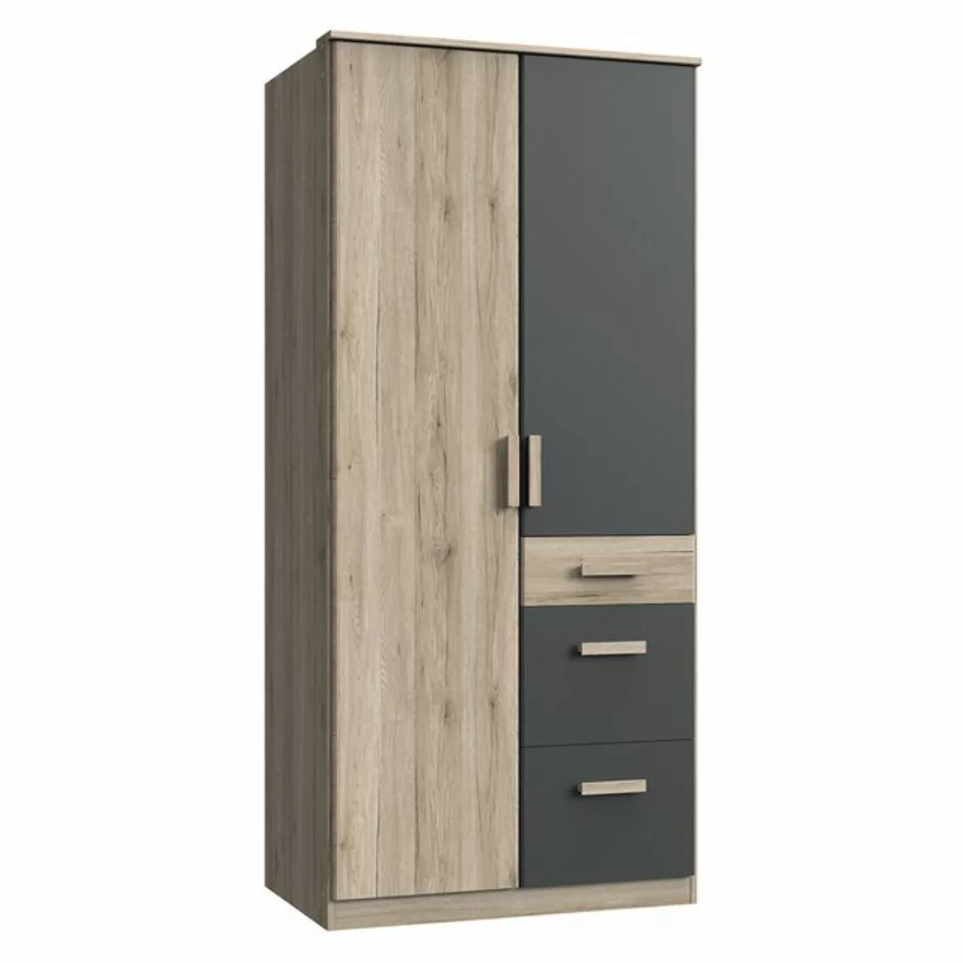 Lomadox Kleiderschrank CANTON-43 Eiche Nb. mit graphit, 2 Türen, 3 Schubkäs günstig online kaufen