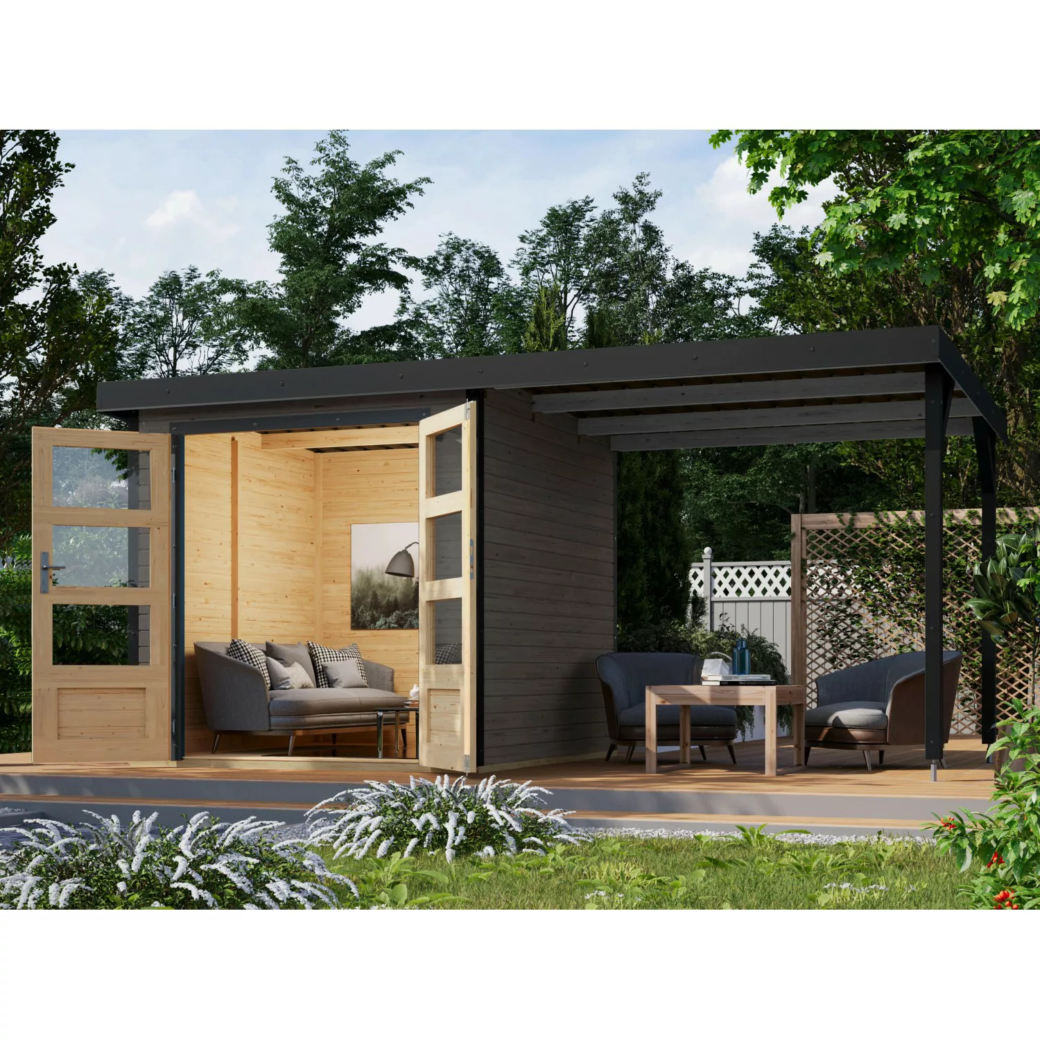 Karibu Gartenhaus/Gerätehaus Set Ernesto B Terragrau-Anthrazit mit Anbaudac günstig online kaufen