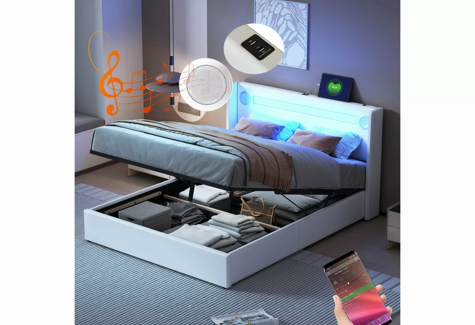 MODFU Polsterbett Kinderbett mit LED-Lichtleiste, Bluetooth-Player und USB- günstig online kaufen