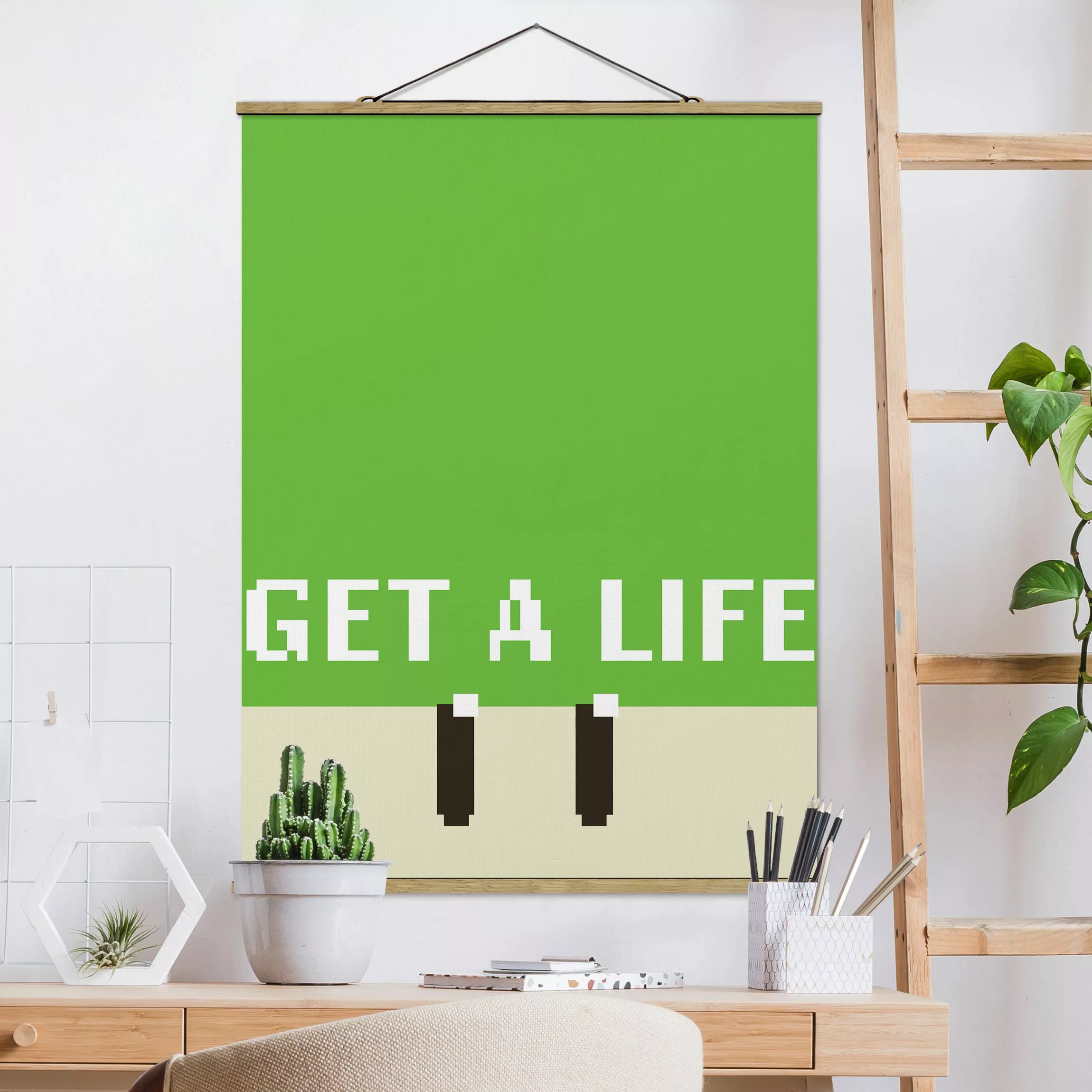 Stoffbild mit Posterleisten Pixel Spruch Get A Life in Grün günstig online kaufen