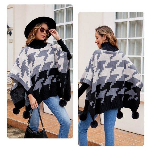 Vivi Idee Strickponcho Damen Strickponcho mit Kragen, Winter warme Schal Pu günstig online kaufen