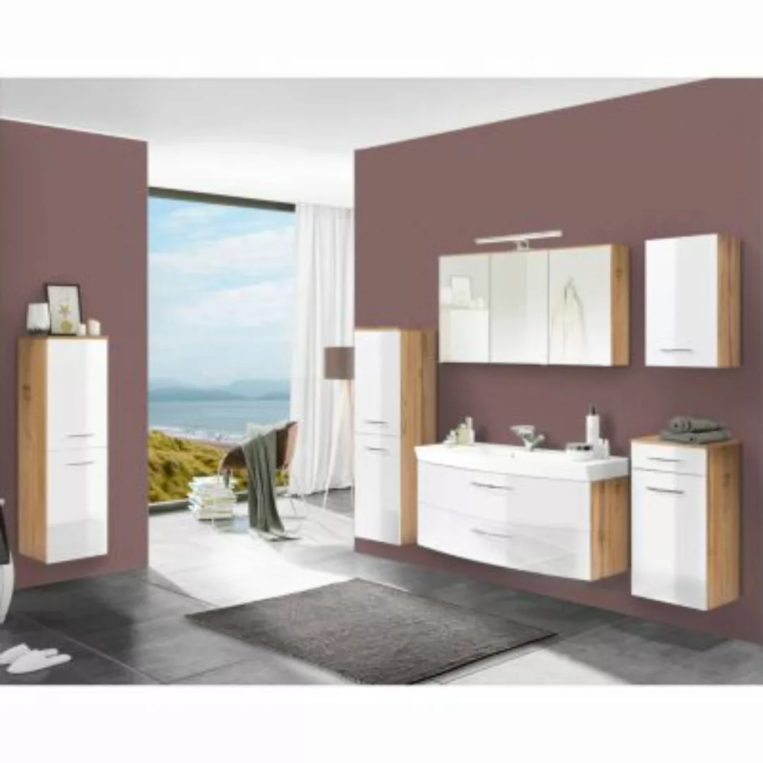 Lomadox Badezimmermöbel Set mit 120cm Waschtisch FLORIDO-03-OAK weiß Hochgl günstig online kaufen