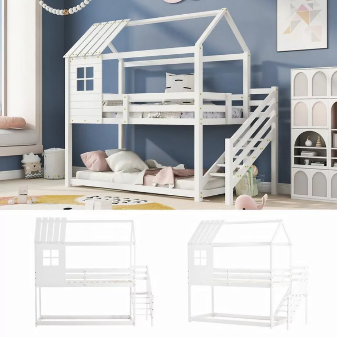 Fangqi Hausbett 90x200 großes Kinder-Etagenbett mit Ecktreppe, Fallschutz u günstig online kaufen
