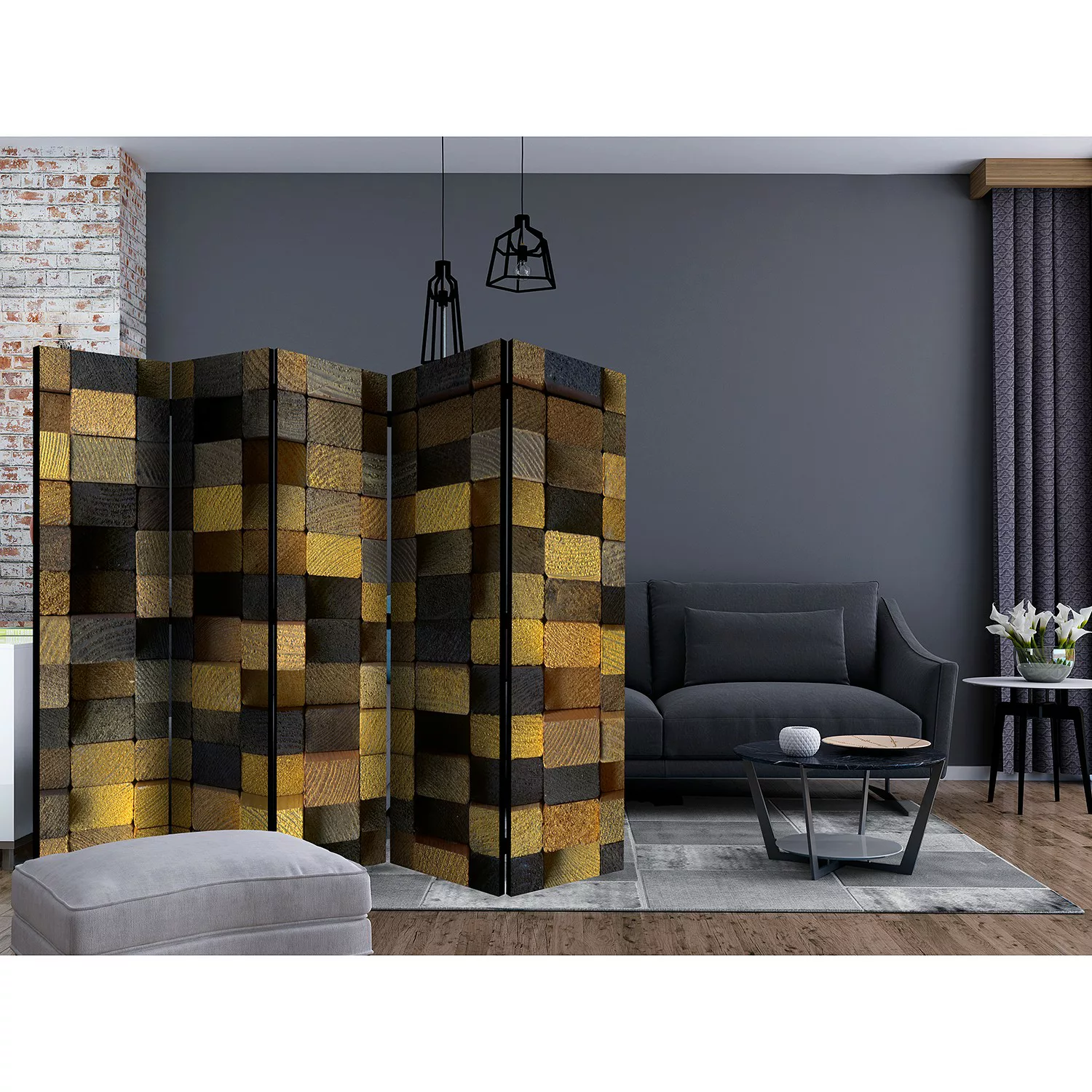 home24 Paravent Wooden Cubes II (5-teilig) günstig online kaufen