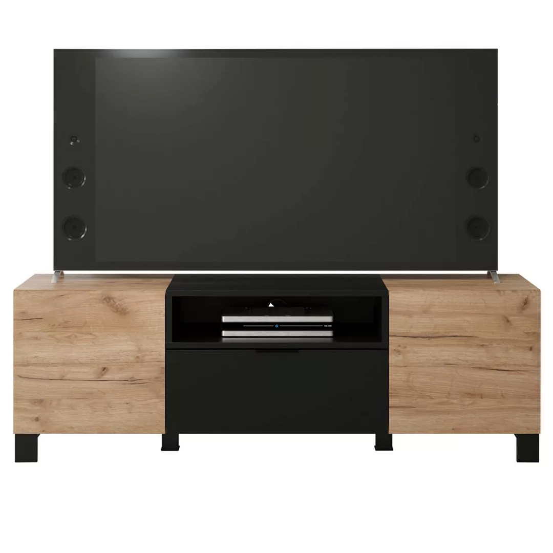 TV Lowboard 143,6 cm, 2 Türen, Eiche, schwarz matt KEMBA-19 günstig online kaufen