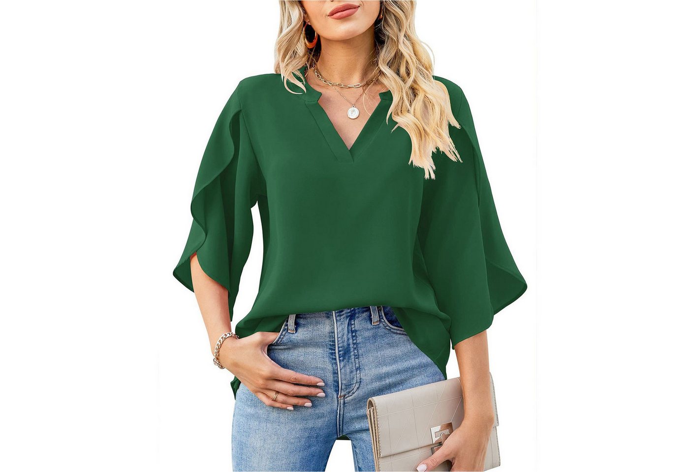 Zoclack Chiffonbluse Damen Chiffonshirt mit V-Ausschnitt und Rüschenärmeln günstig online kaufen