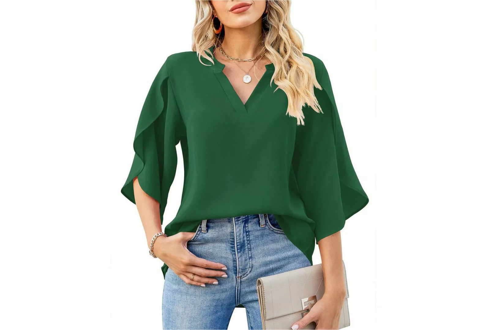 Zoclack Chiffonbluse Damen Chiffonshirt mit V-Ausschnitt und Rüschenärmeln günstig online kaufen