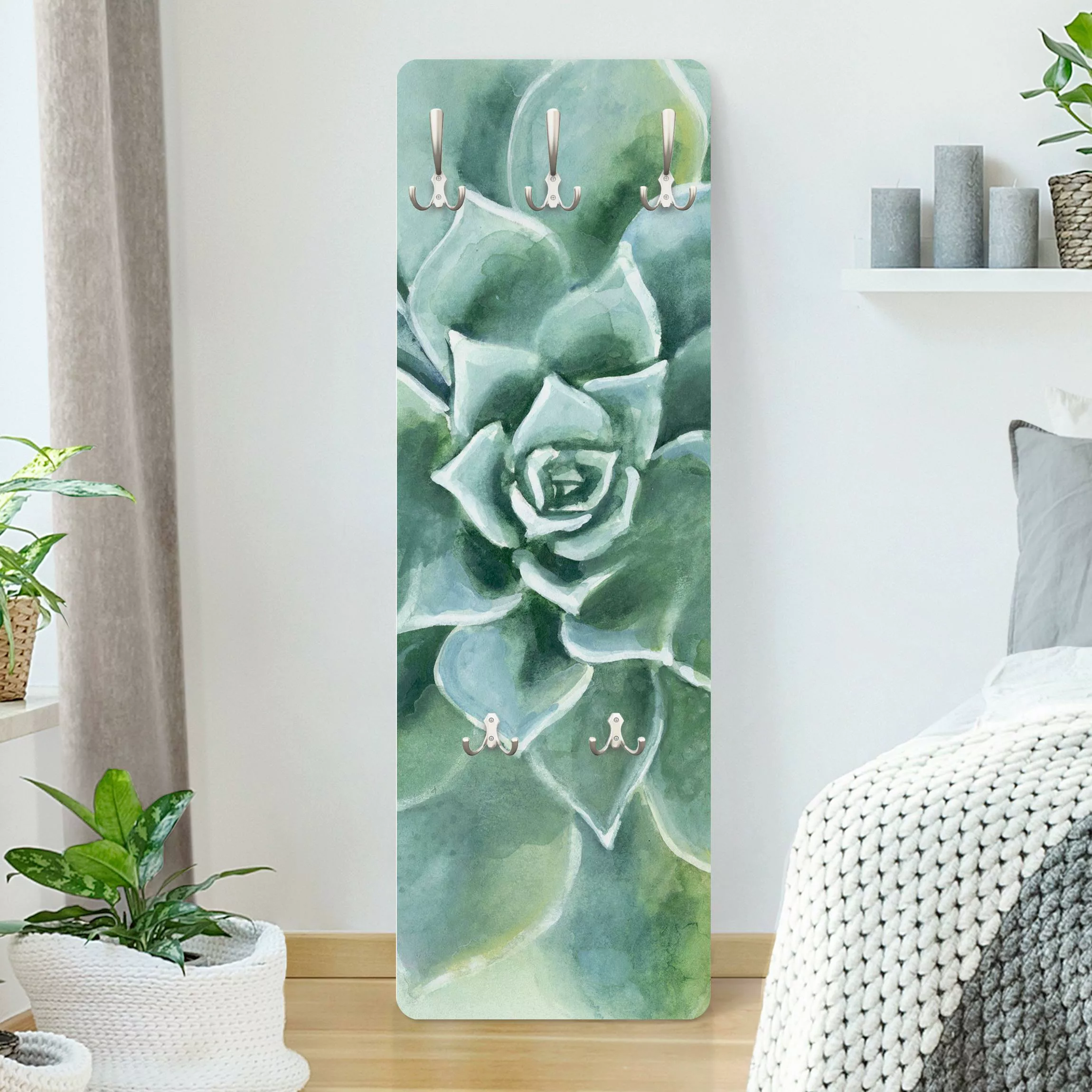 Wandgarderobe Holzpaneel Blumen Sukkulente Aquarell Dunkel günstig online kaufen