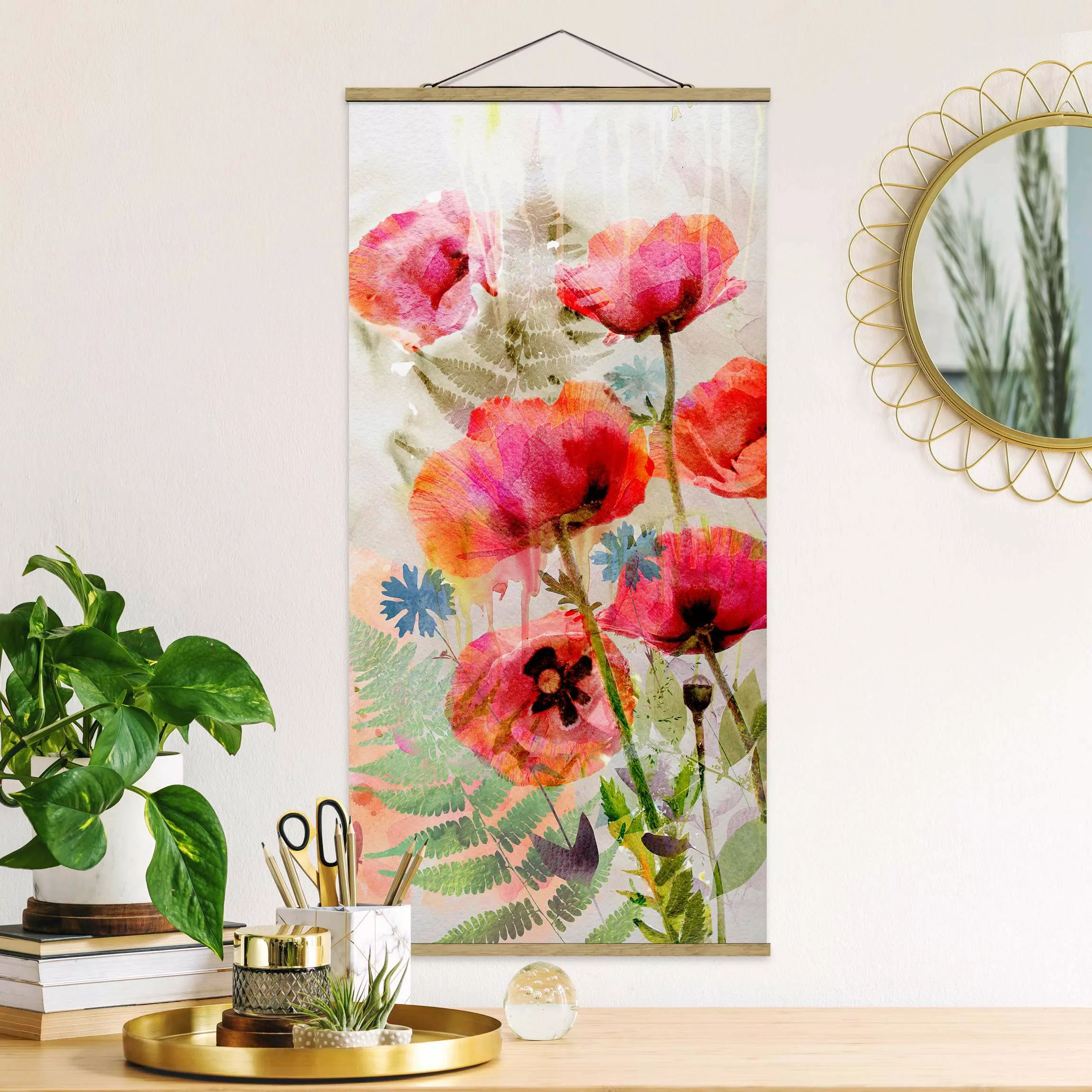 Stoffbild Blumen mit Posterleisten - Hochformat Aquarell Blumen Mohn günstig online kaufen