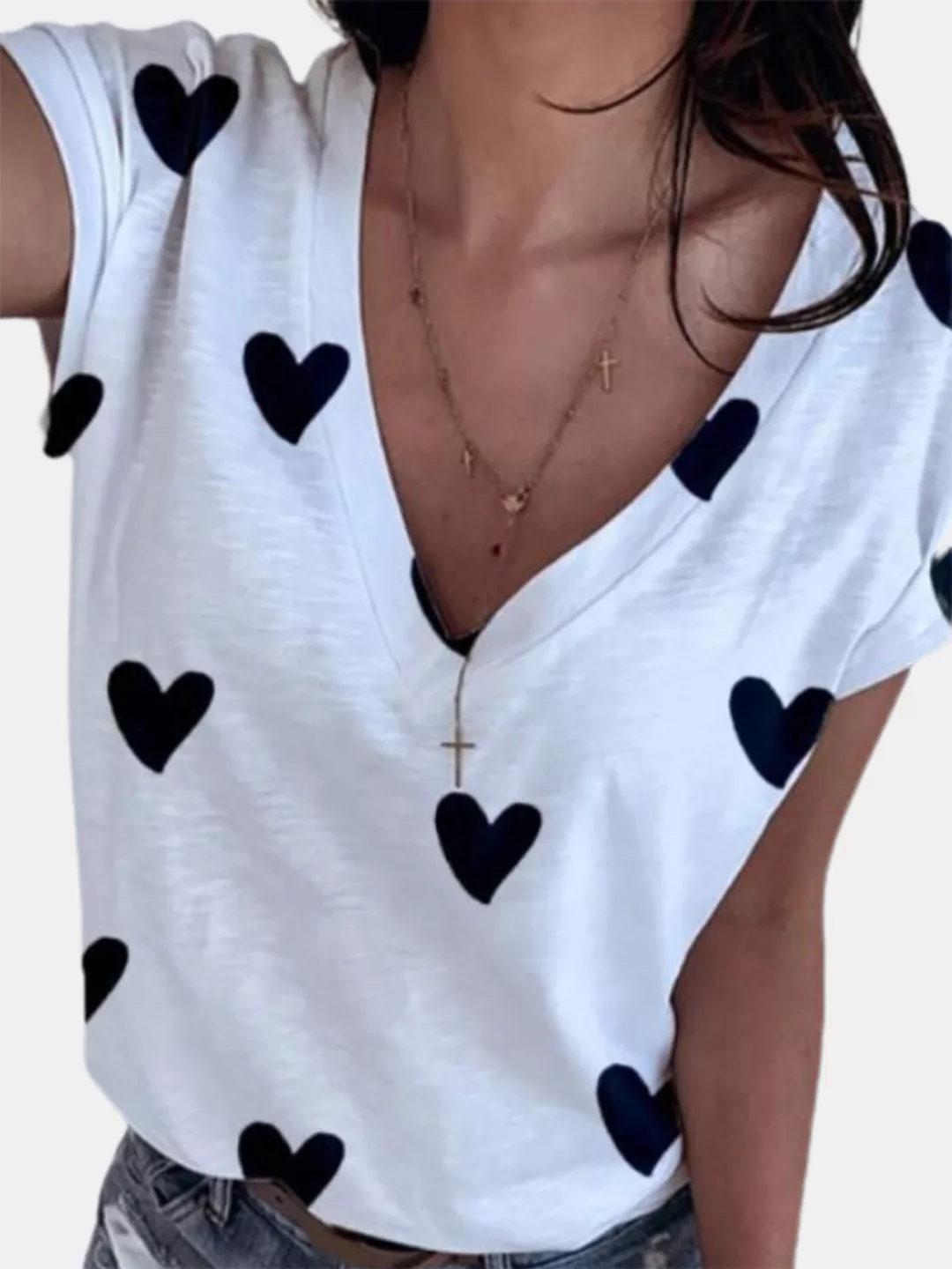 Bedrucktes Kurzarm-T-Shirt mit V-Ausschnitt für Damen günstig online kaufen