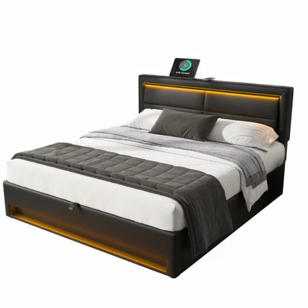 Flieks Polsterbett, LED Doppelbett 160x200cm mit USB-Anschluss und hydrauli günstig online kaufen