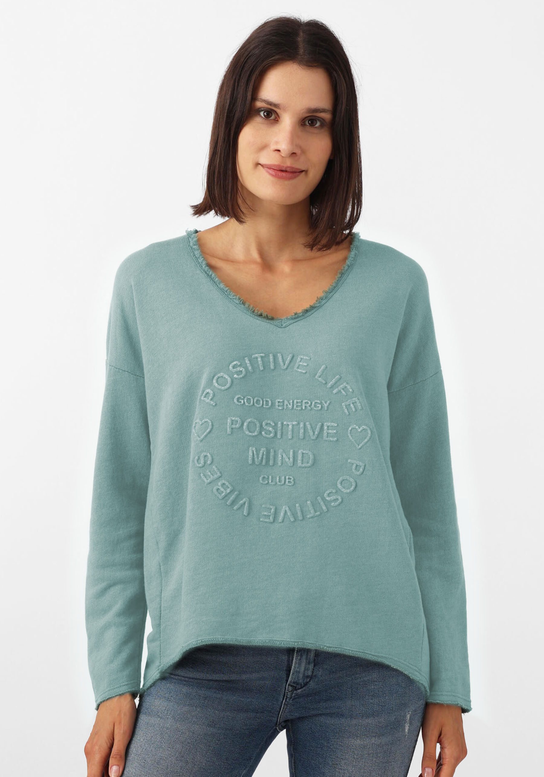 Zwillingsherz Sweatshirt "Positive Mind" ausgefranster V-Ausschnitt, günstig online kaufen