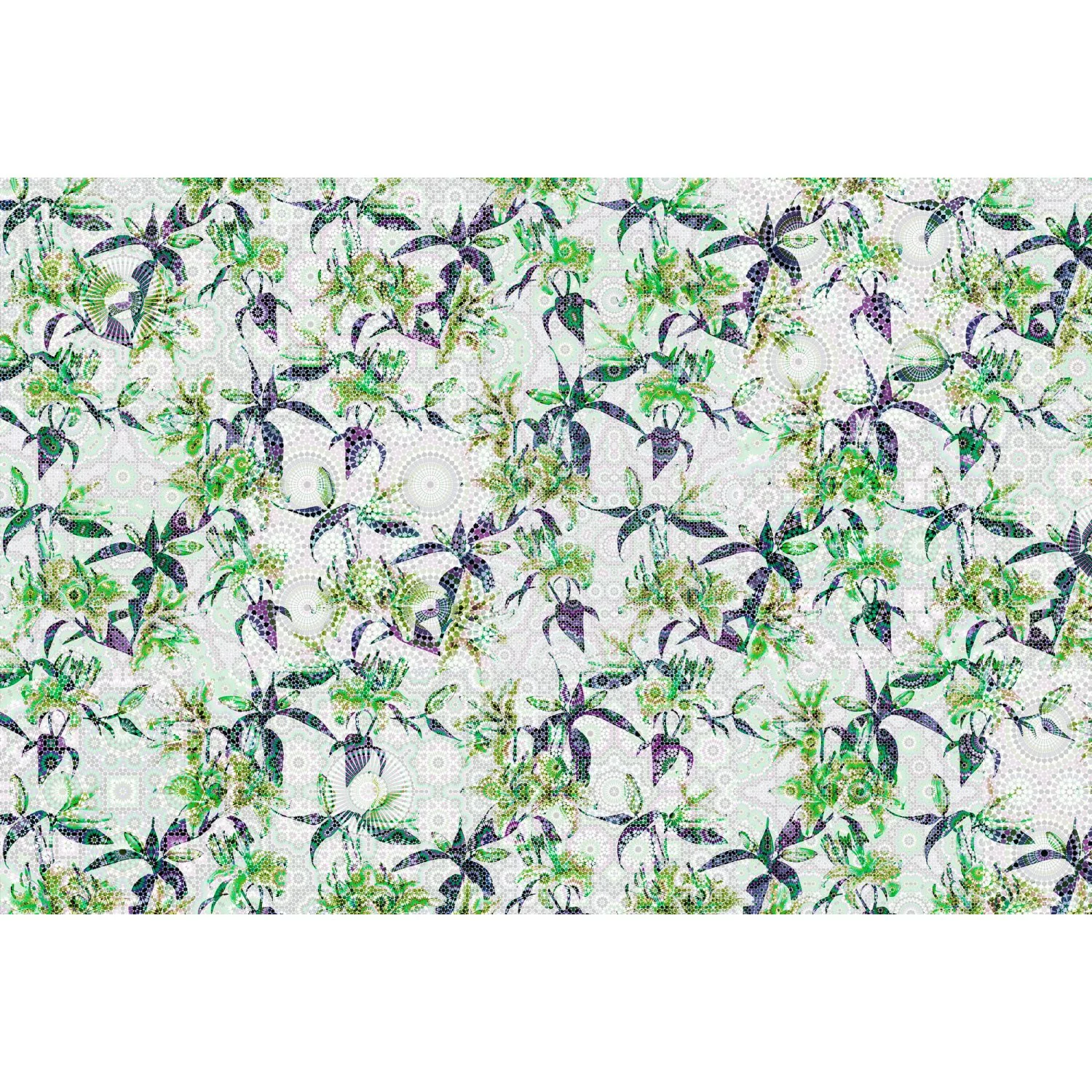 Fototapete Blumen Lilie Mosaik Grafik Grün Violett 4,00 m x 2,70 m FSC® günstig online kaufen