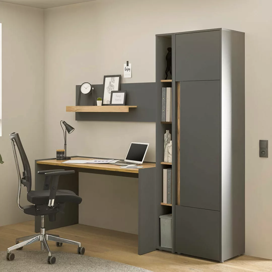 Büromöbel Set anthrazit mit Eiche CRISP-61 modern 3-teilig mit Schreibtisch günstig online kaufen
