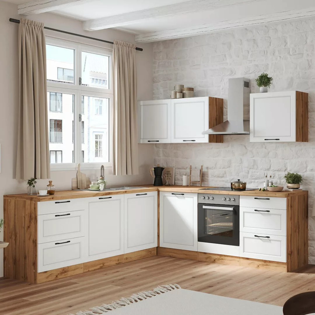 Winkelküche 240/240 cm mit E-Geräten in weiß und Eiche, Arbeitsplatte in Ei günstig online kaufen