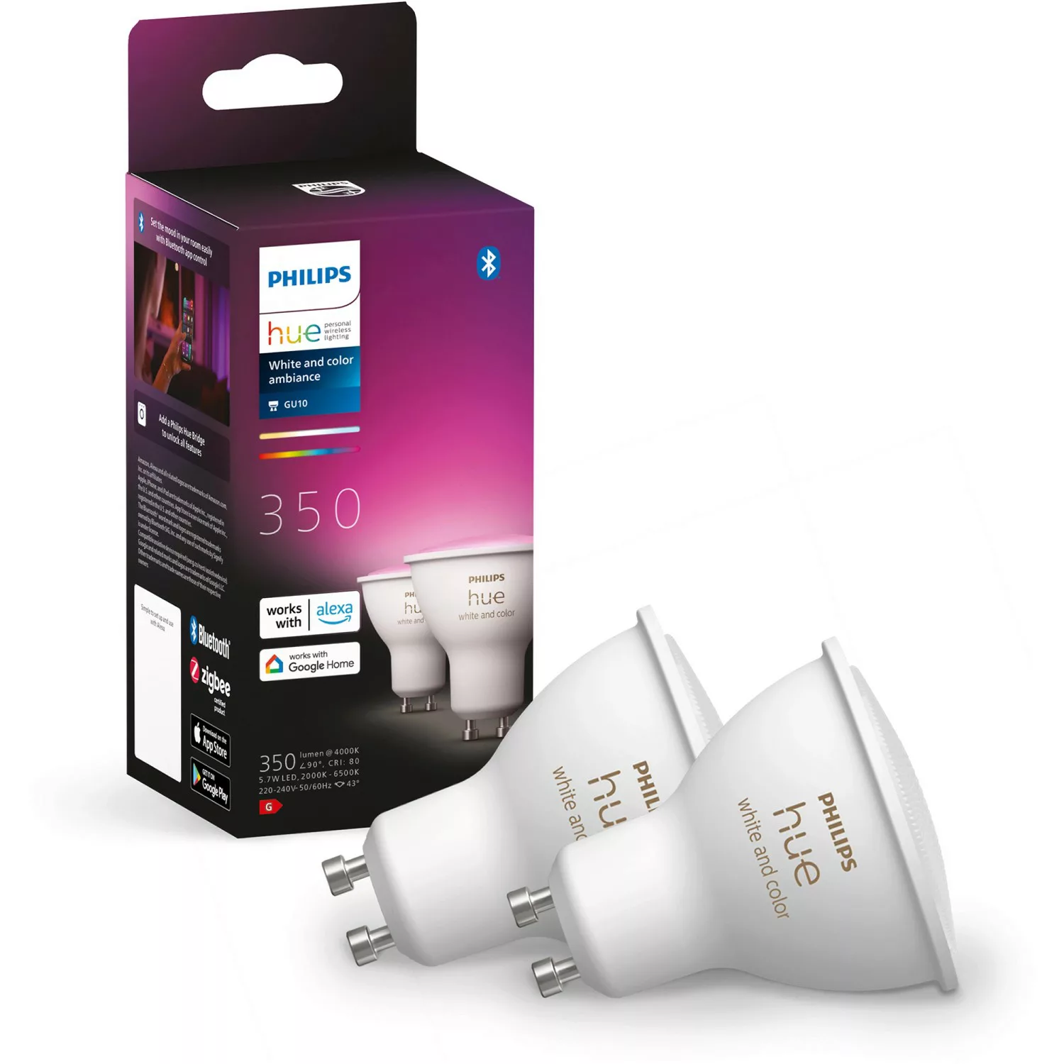 Philips Hue Bluetooth White & Color Ambiance LED GU10 5,7W 350lm Doppelpack günstig online kaufen